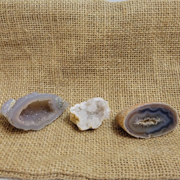 Trio of Small Agate Natural Crystal Geodes, Purple Blue Cream - Picture 5 of 6